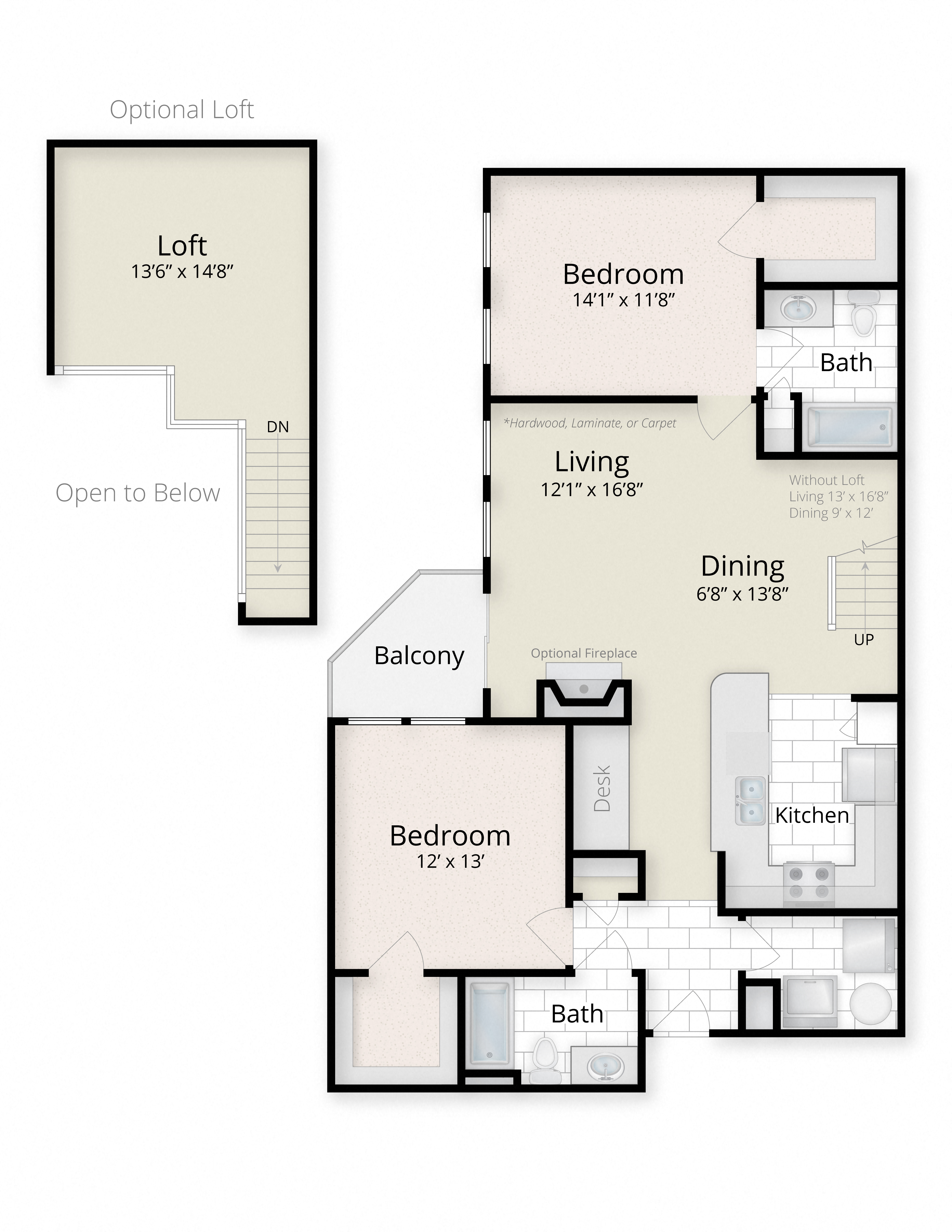 Floor plan for 2 beds, 2 baths, 1190 sqft